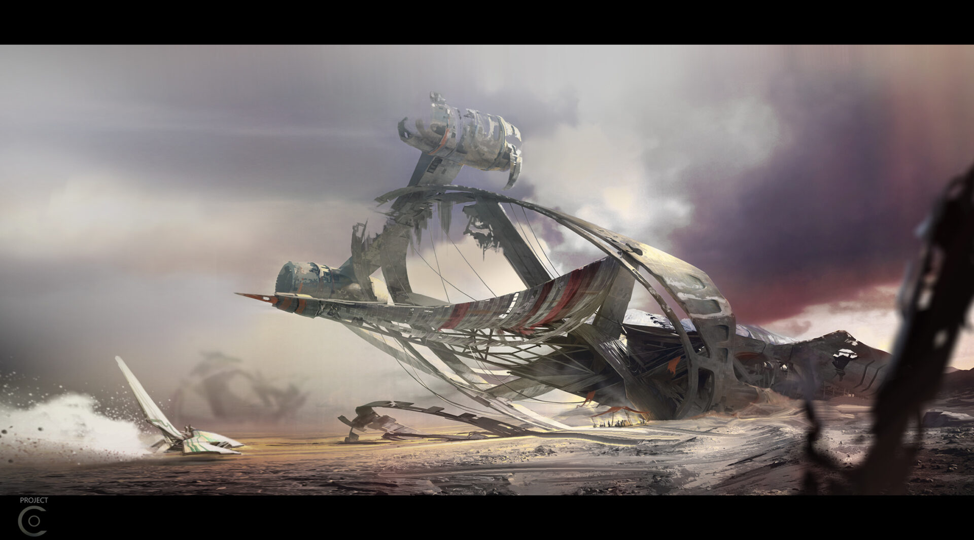 Project C key art: a wrecked alien starship in a desert, with the Project C logo